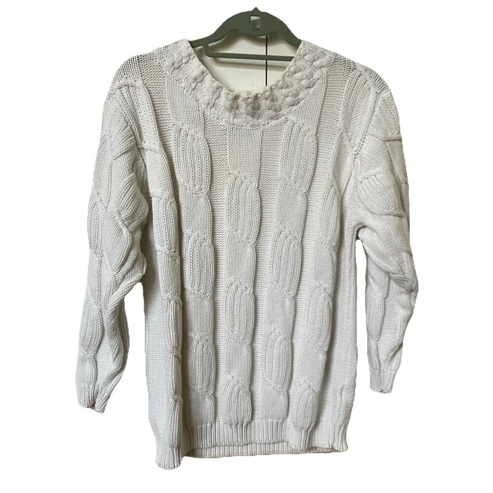Vintage Crazy Horse Cable Knit Sweater Womens White Fisherman Coastal